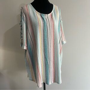 Above & Beyond White Pink Blue Striped Ribbed Women's Plus Shirt Top Blouse